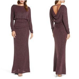 Vince Camuto Cowl Back Metallic Long Sleeve Gown